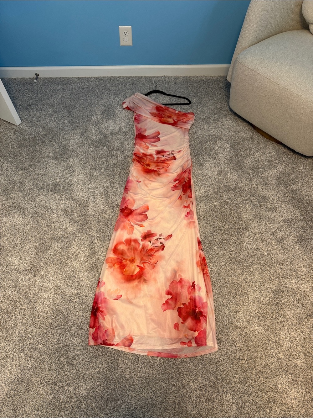 Blue Blush One-Shoulder Floral Maxi Dress in Pink and Red
